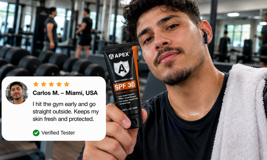 Carlos M., Miami — I hit the gym early and go straight outside. Keeps my skin fresh and protected.