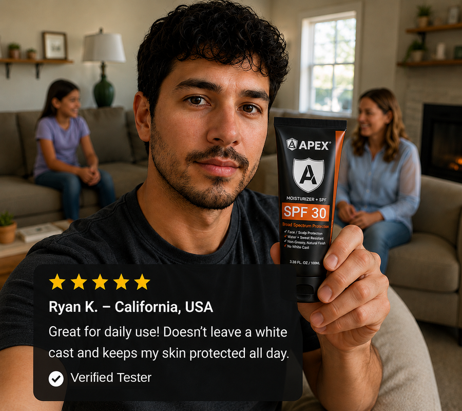 Ryan K., California — great for daily use, no white cast, keeps my skin protected all day.